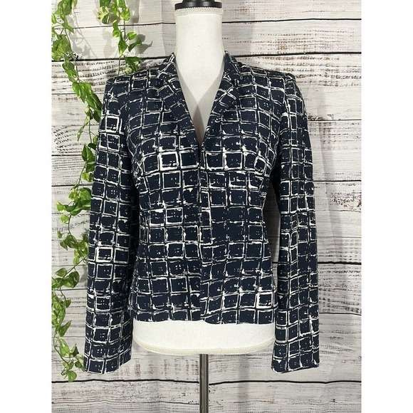 Louben Blazer Jacket size 8 Navy Blue Tan Squares Open Front Career Professional - Picture 1 of 11